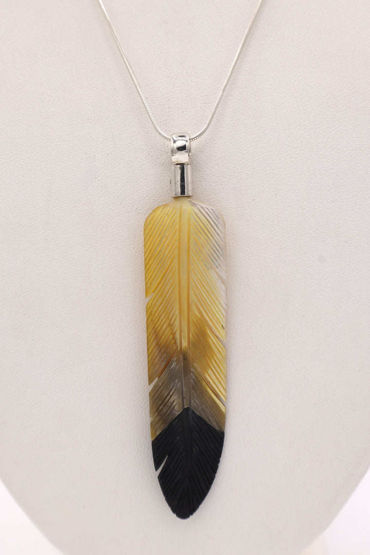 Gold Mother of Pearl &amp; Black Onyx Feather Pendant