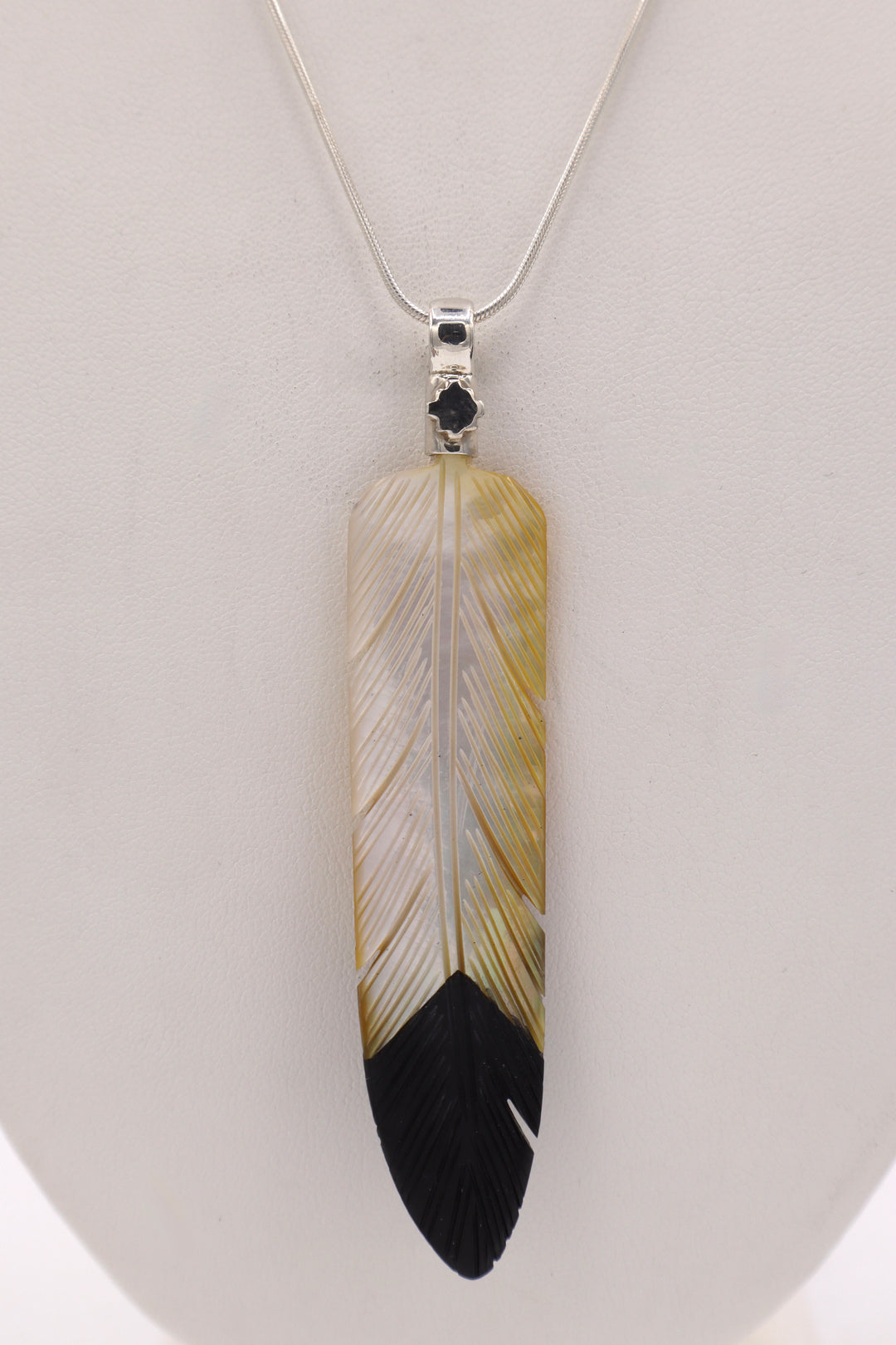 Gold Mother of Pearl &amp; Black Onyx Feather Pendant