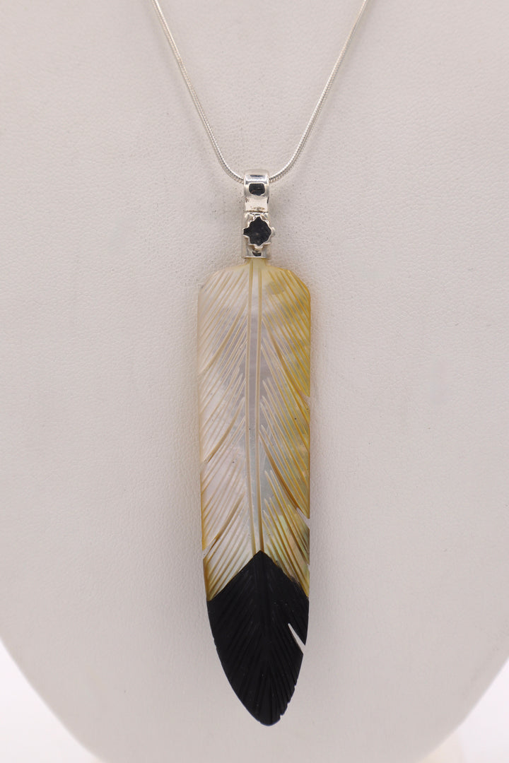 Gold Mother of Pearl &amp; Black Onyx Feather Pendant