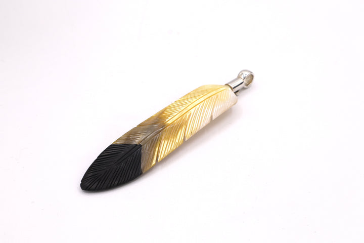 Gold Mother of Pearl &amp; Black Onyx Feather Pendant