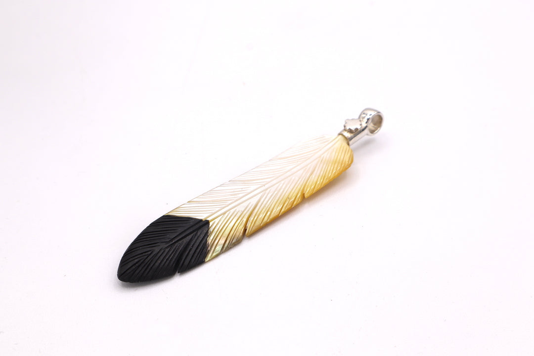 Gold Mother of Pearl &amp; Black Onyx Feather Pendant