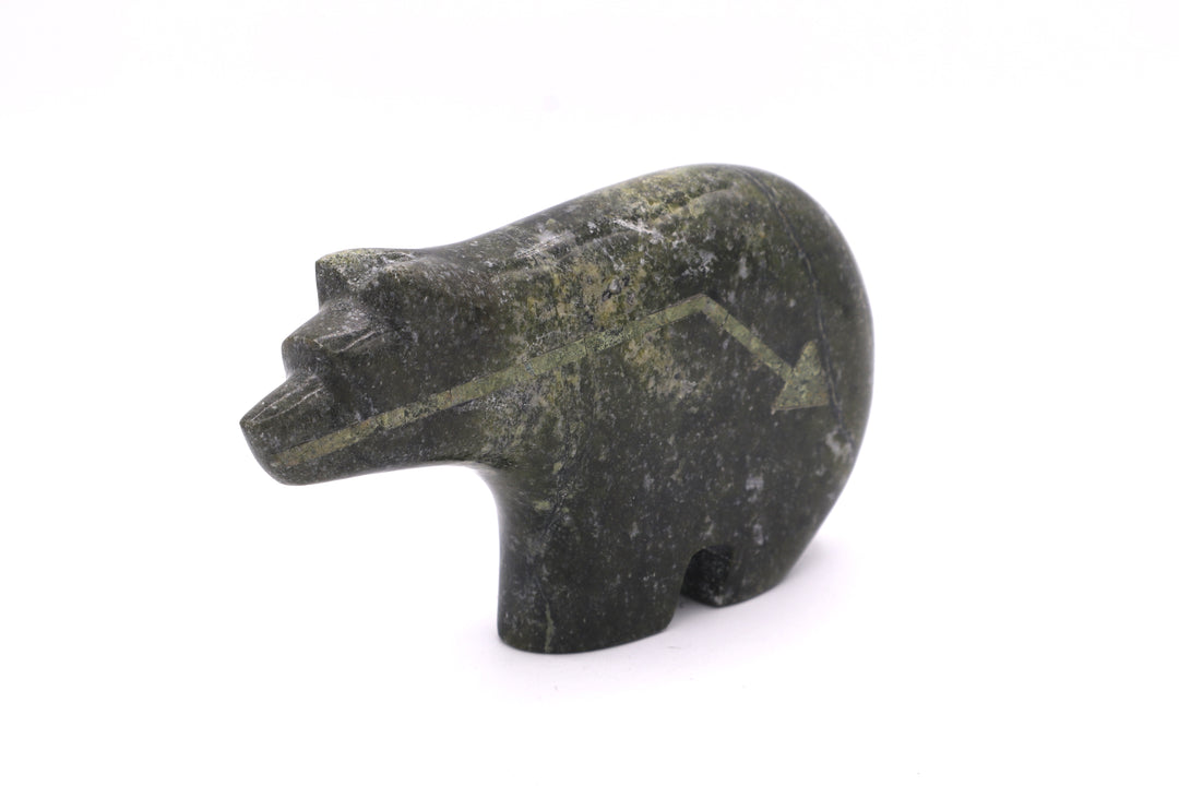 Serpentine Bear Carving with Turquoise Arrow &amp; Hopi Sunface Inlay