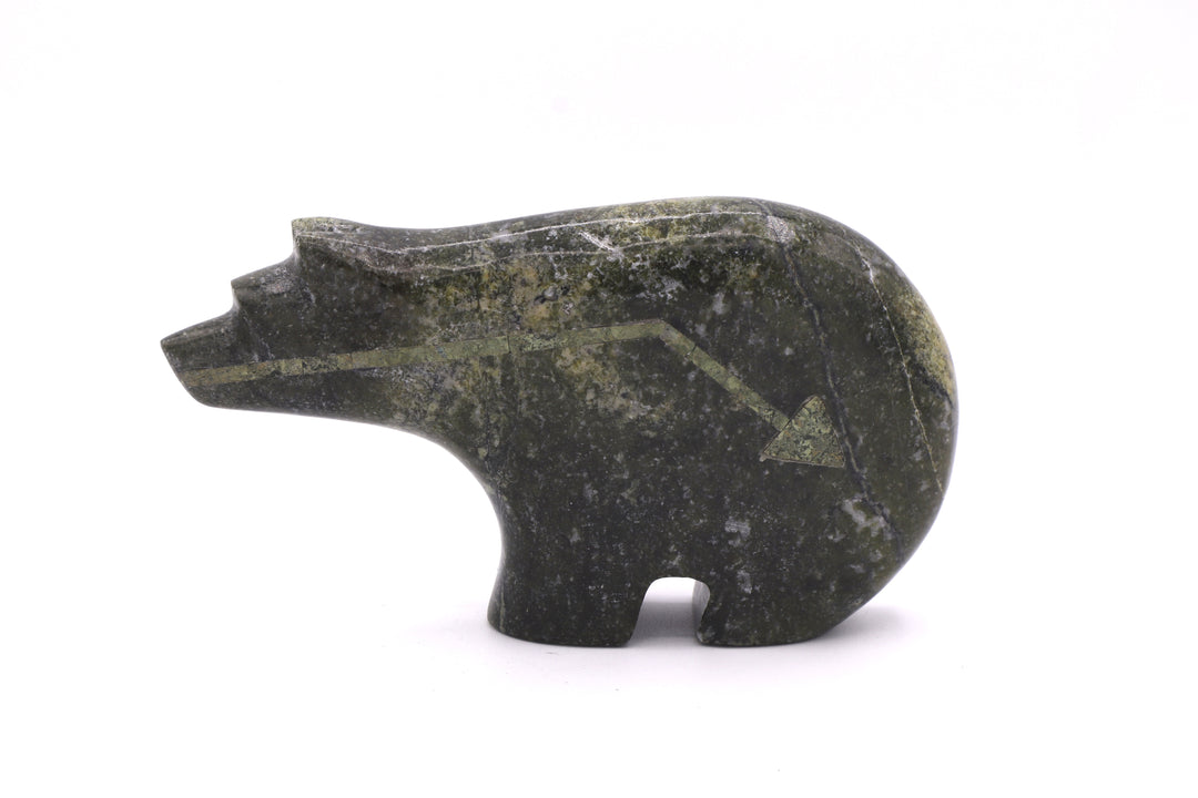 Serpentine Bear Carving with Turquoise Arrow &amp; Hopi Sunface Inlay