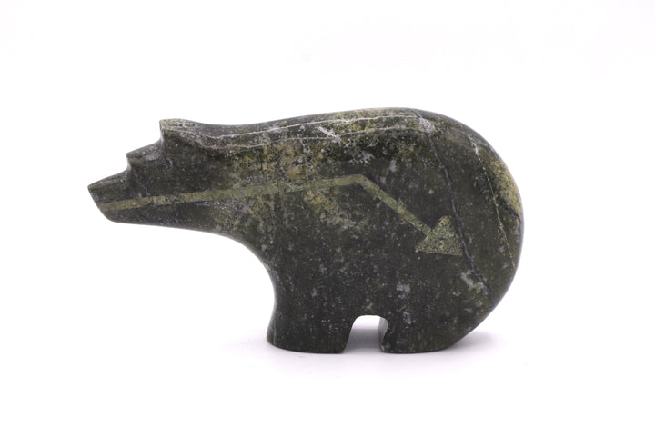 Serpentine Bear Carving with Turquoise Arrow &amp; Hopi Sunface Inlay