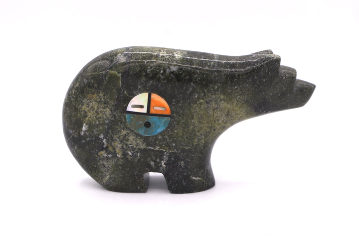 Serpentine Bear Carving with Turquoise Arrow &amp; Hopi Sunface Inlay