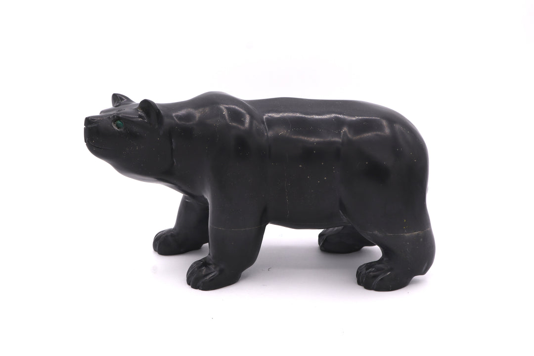 Black Onyx Bear Carving with Malachite Eyes
