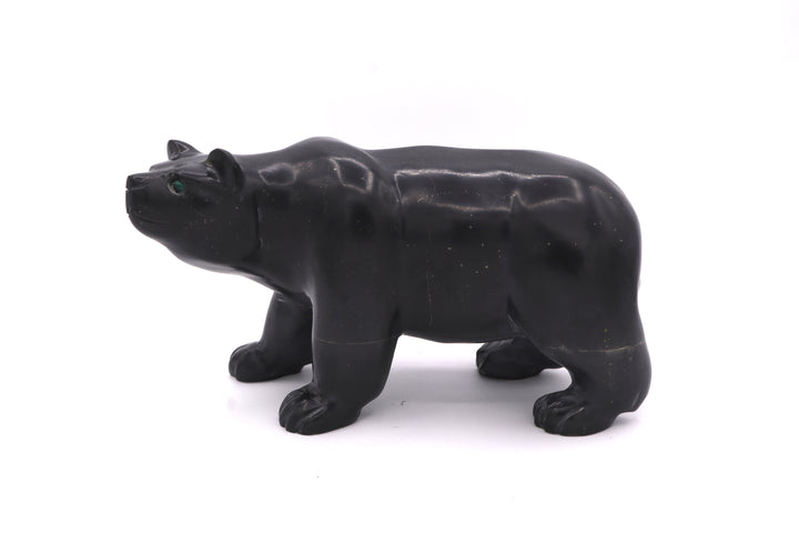 Black Onyx Bear Carving with Malachite Eyes