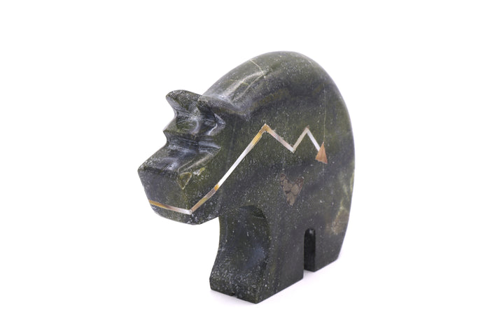 Serpentine Bear Carving with Gold Mother of Pearl Heartline Arrow