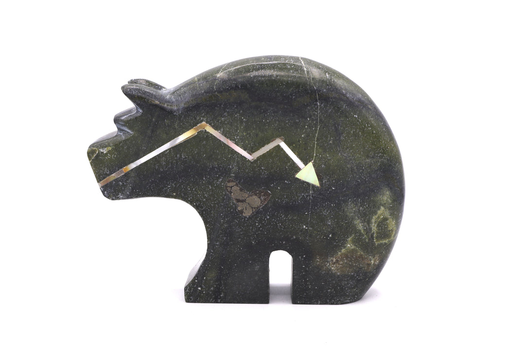 Serpentine Bear Carving with Gold Mother of Pearl Heartline Arrow