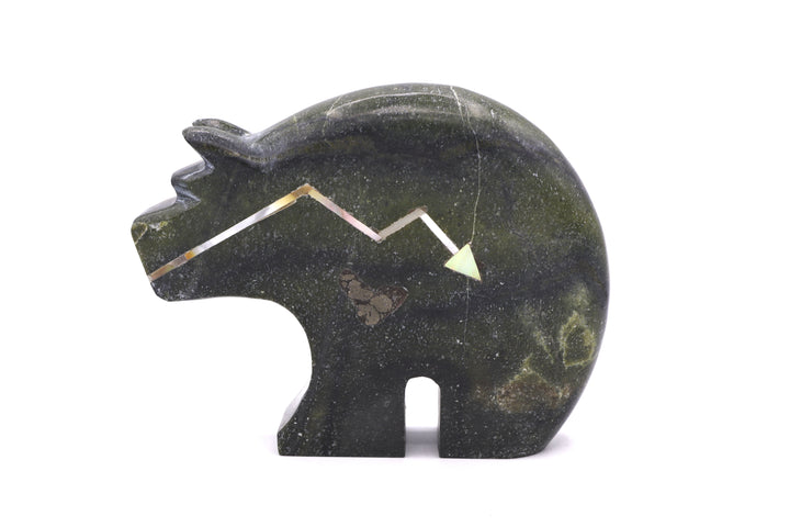 Serpentine Bear Carving with Gold Mother of Pearl Heartline Arrow