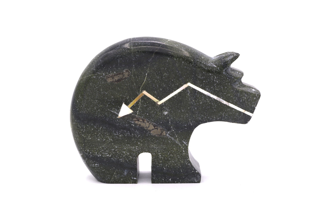 Serpentine Bear Carving with Gold Mother of Pearl Heartline Arrow
