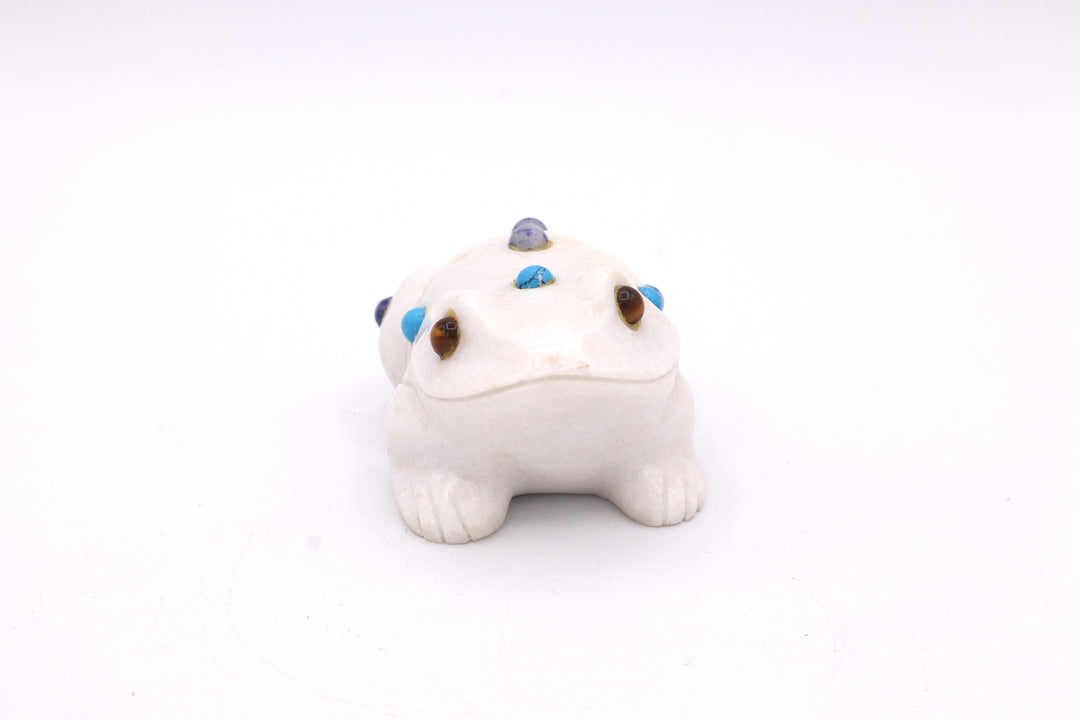 White Marble Frog Carving with Multi-Stone Inlay