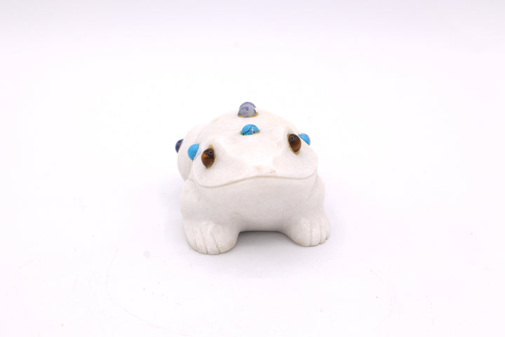 White Marble Frog Carving with Multi-Stone Inlay