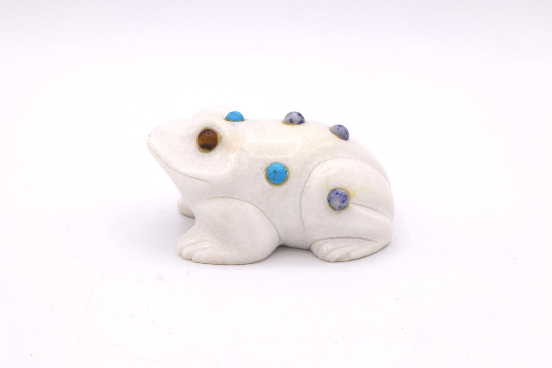 White Marble Frog Carving with Multi-Stone Inlay
