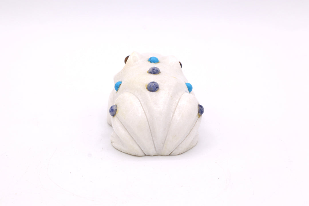White Marble Frog Carving with Multi-Stone Inlay