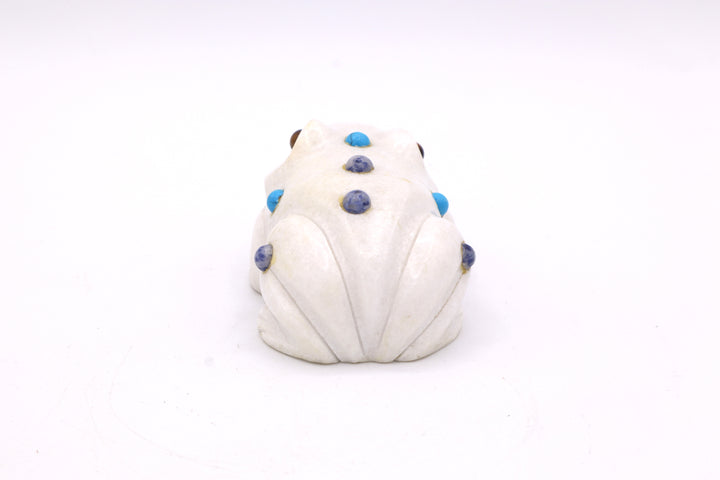 White Marble Frog Carving with Multi-Stone Inlay