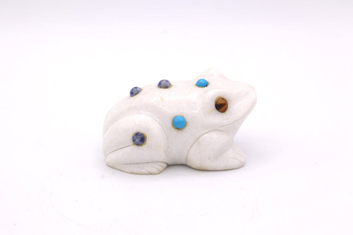 White Marble Frog Carving with Multi-Stone Inlay