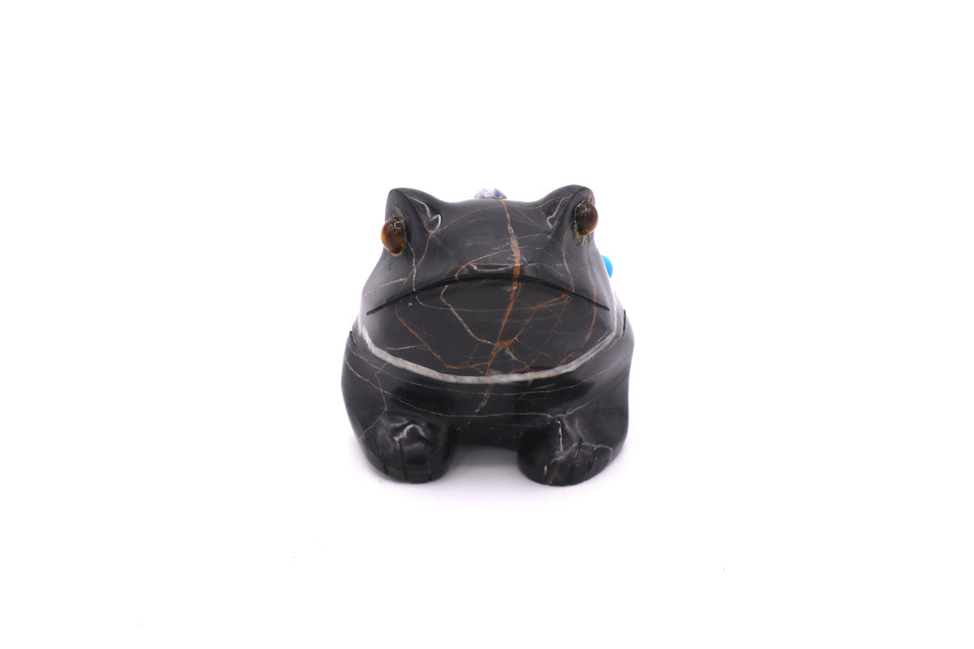 Black Jasper Frog Carving with Turquoise &amp; Sodalite Inlay
