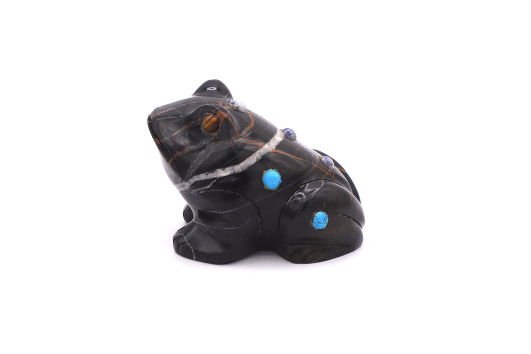 Black Jasper Frog Carving with Turquoise &amp; Sodalite Inlay