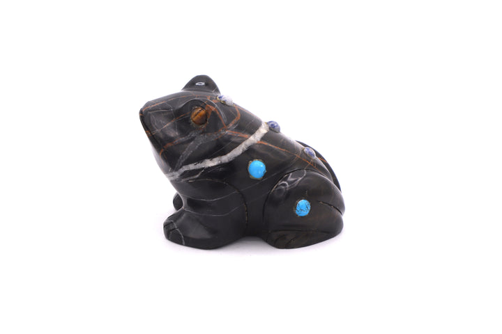 Black Jasper Frog Carving with Turquoise &amp; Sodalite Inlay