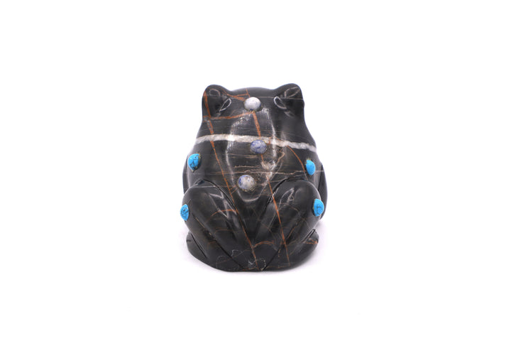 Black Jasper Frog Carving with Turquoise &amp; Sodalite Inlay