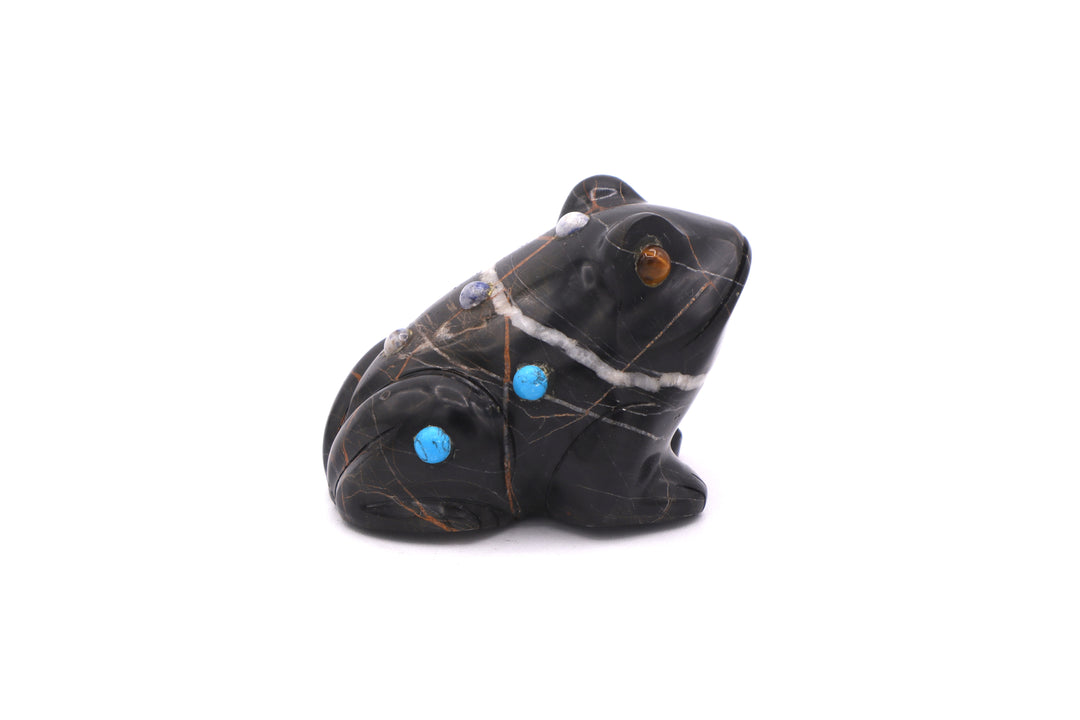 Black Jasper Frog Carving with Turquoise &amp; Sodalite Inlay