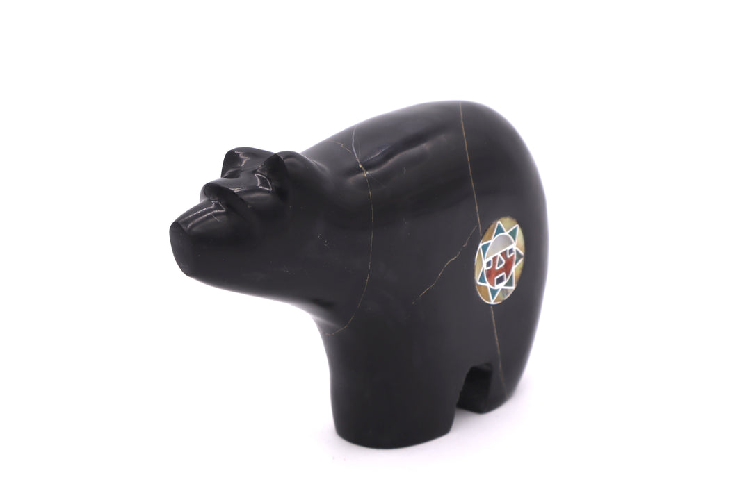 Black Onyx Bear Carving with Sterling Silver Sunface Inlay