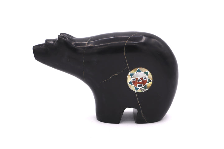 Black Onyx Bear Carving with Sterling Silver Sunface Inlay