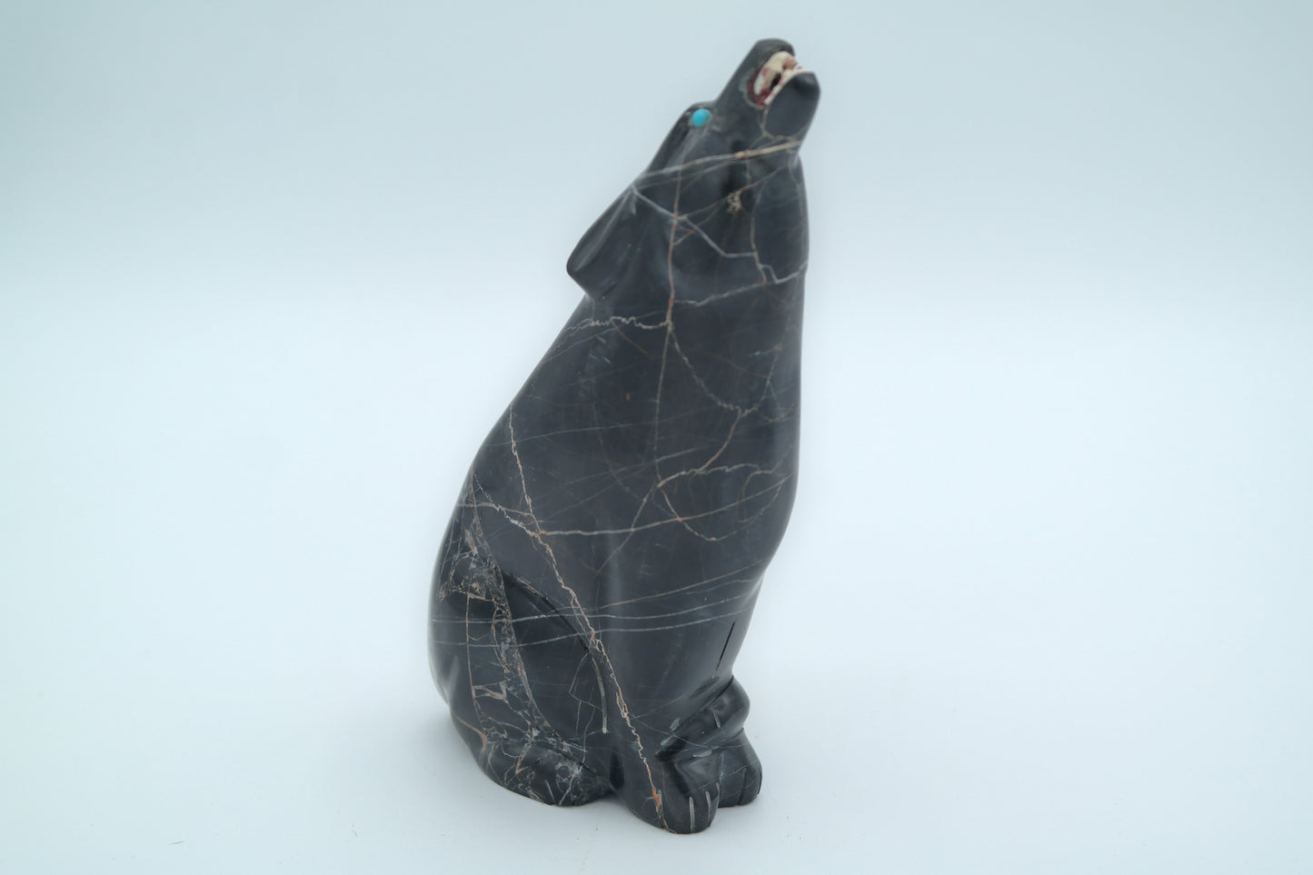 Black Jasper Wolf Carving with Sunface Inlay