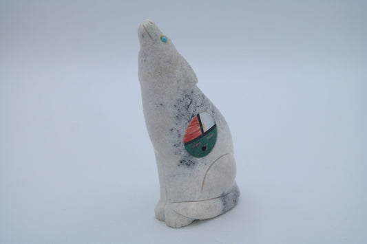 Gray Onyx Wolf Carving with Sunface Inlay