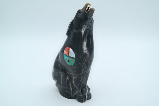Brown and Black Jasper Wolf Carving with Sunface Inlay