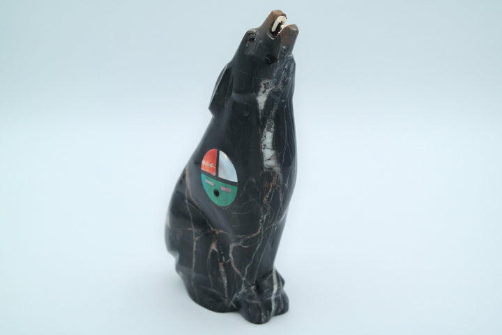 Brown and Black Jasper Wolf Carving with Sunface Inlay