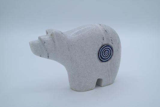 White Marble Bear Carving with Inlays