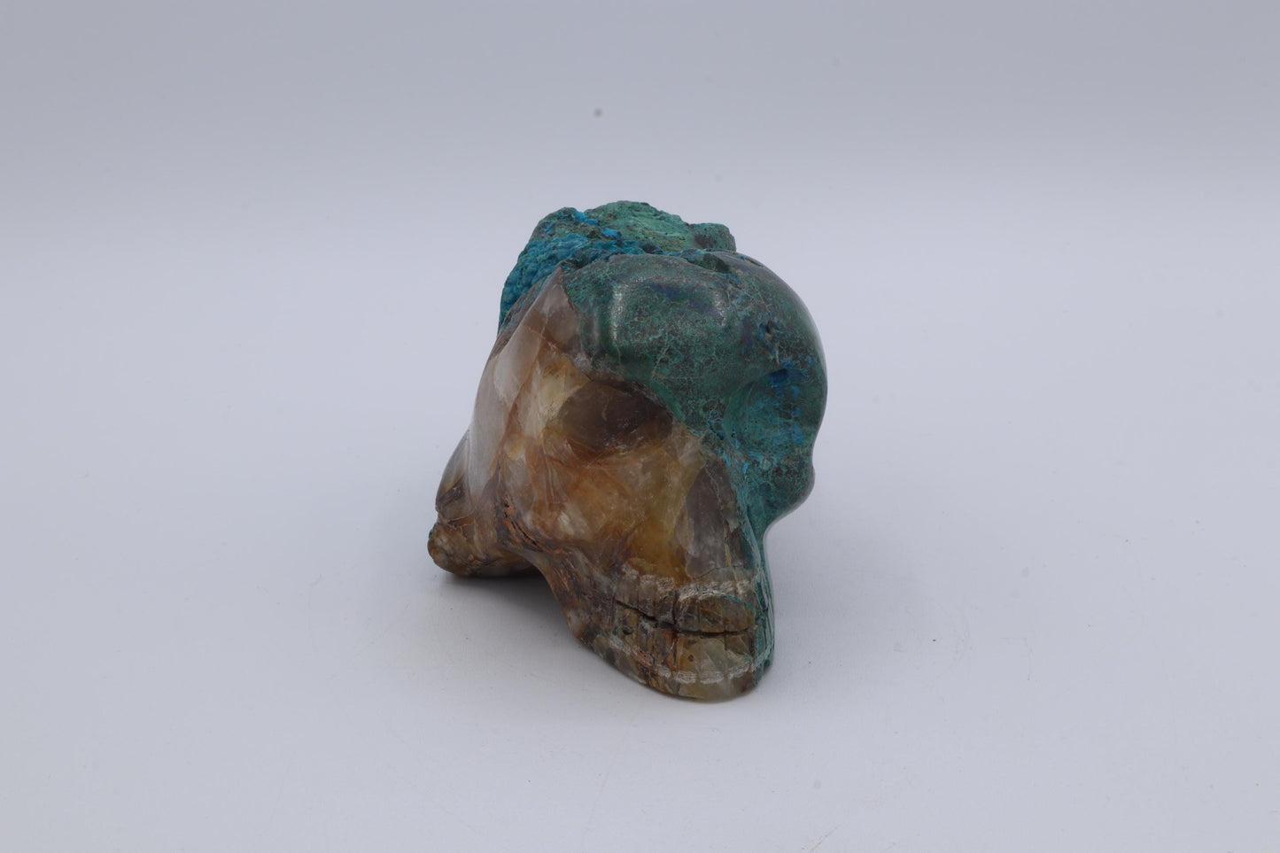 Chrysocolla and Quartz Skull Carving