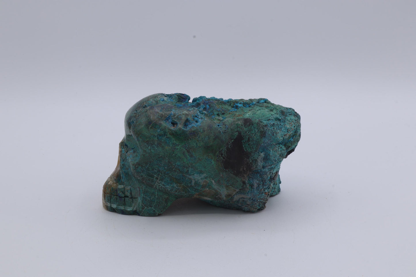 Chrysocolla and Quartz Skull Carving