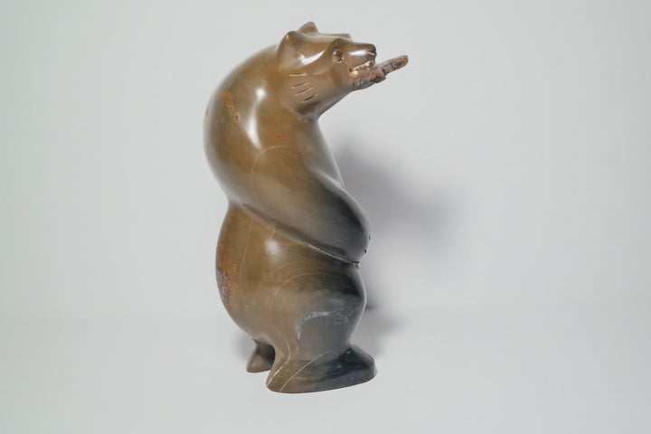 Brown and Black Jasper Bear holding a fish Carving
