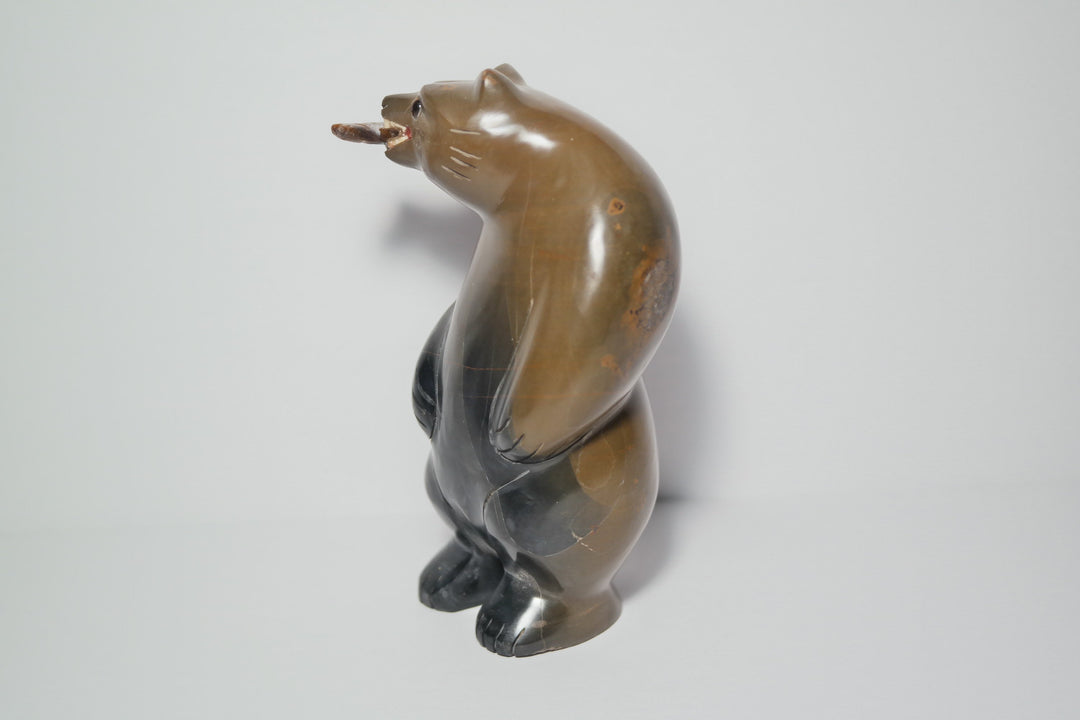 Brown and Black Jasper Bear holding a fish Carving