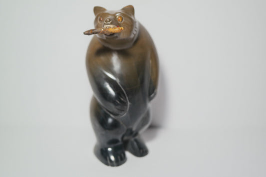 Brown and Black Jasper Bear holding a fish Carving