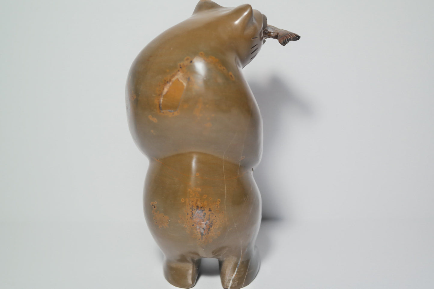 Brown and Black Jasper Bear holding a fish Carving