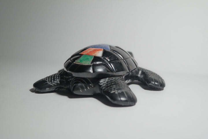 Black Onyx Turtle Carving with Septarian Shell