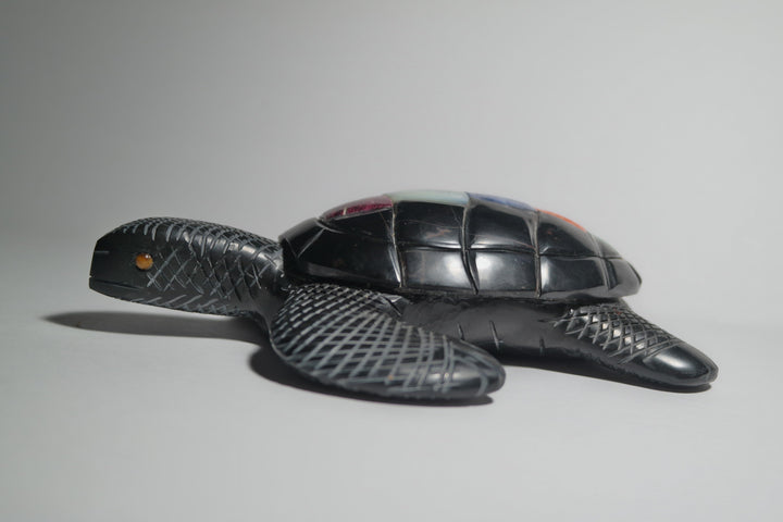 Black Onyx Turtle Carving with Septarian Shell